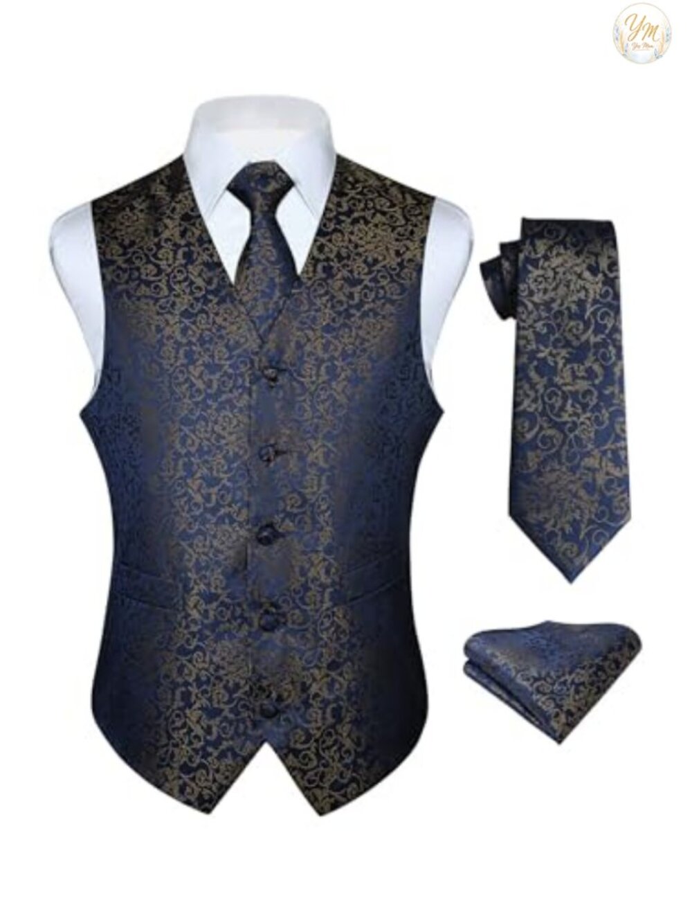 Mens 3PC Paisley Jacquard Vest Tie Set Formal Suit V-Neck Sleeveless
